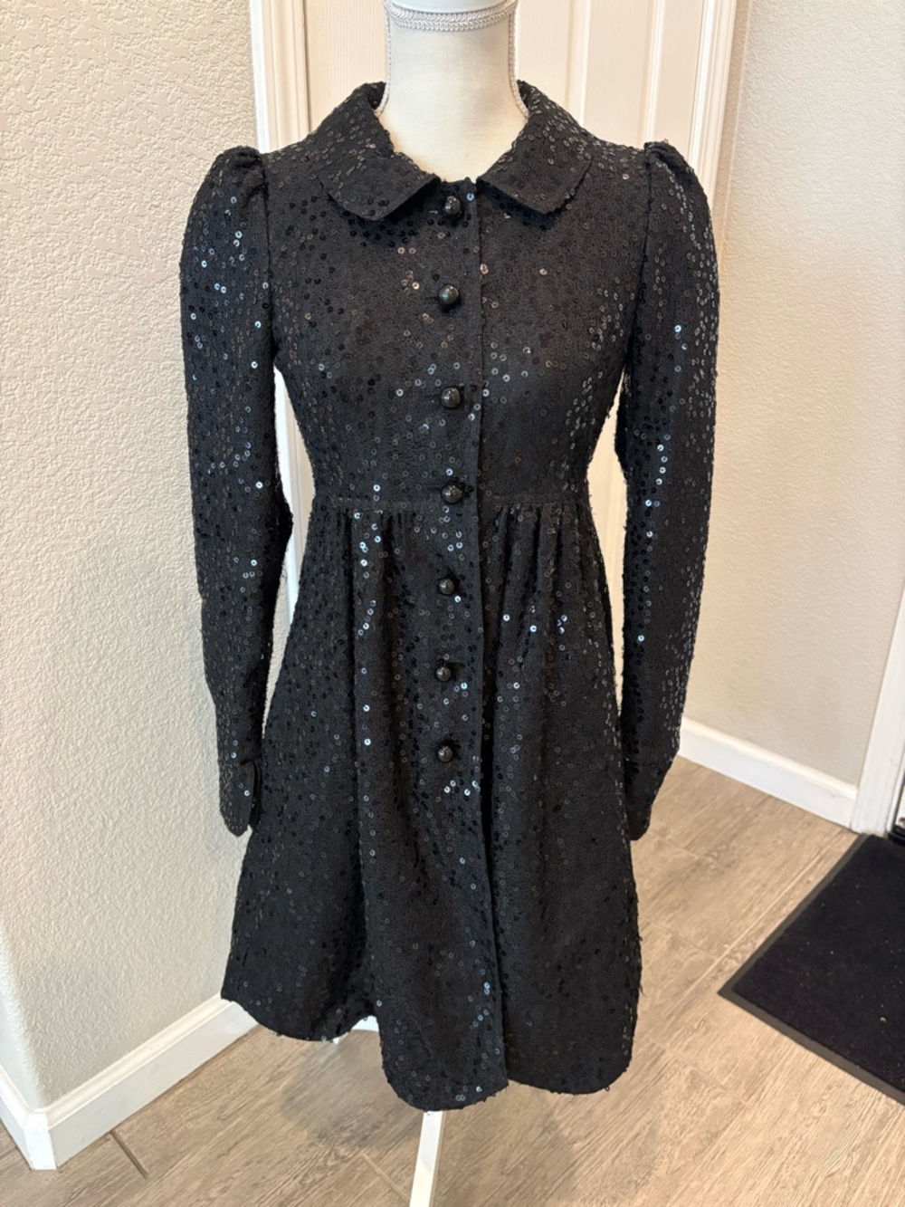 Betsey Johnson Black Sequin Long-Sleeve Button Dress with Peter Pan Collar